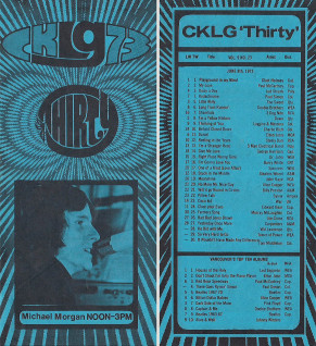 The Top Thirty playlist for Vancouver's CKLG radio station in June 1973.