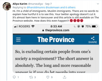 Postmedia's move to the right was evident in an opinion piece published in two Vancouver newspapers that caused an uproar before it was removed.