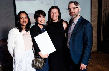 Denise Balkissoon, Hannah Sung, Danielle Webb and Timothy Moore at the Digital Publishing Awards in 2017, when their Globe and Mail podcast Colour Code won the Best Podcast award.